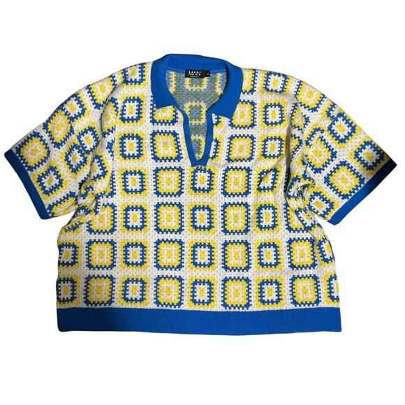 BoohooMAN Men’s Knit Sweater Top Retro Geometric Square Print Blue Yellow Size L - Picture 6 of 7